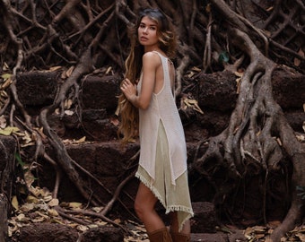 Raw Silk Cotton Boho Dress: Fringed Asymmetric Tunic