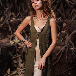 Long Boho Vest, Sleeveless long vest, Cotton linen vest, Long fringed Vest, Olive Green, Long duster vest,  LLAGATHA  OLIVE