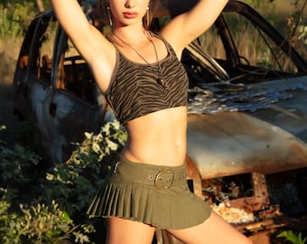 Micro mini skirt, Pleated micro mini skirt, Burning man skirt, Festival skirt, Vegan mini skirt, LILITH VEGAN  Sage