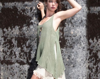 Raw Silk Cotton Boho Dress: Fringed Asymmetric Tunic