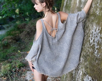 NEW!!  Boho top, Jute top, Boho poncho top, Open shoulder long top, Goddess top, LUNA screen print jute