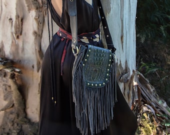 NEW!! Leather purse, Tribal leather hip bag, leather fanny pack, fringed leather bag, Ibiza bag, , Leather festival bag AMARA Croco black
