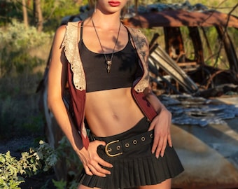 Pleated Canvas Mini Skirt: Stretch Biker Festival Skirt