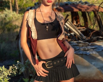 Vegan micro mini skirt, Pleated Canvas mini skirt, Burning man skirt, Biker skirt, Festival skirt, LILITH VEGAN Ebony stretch