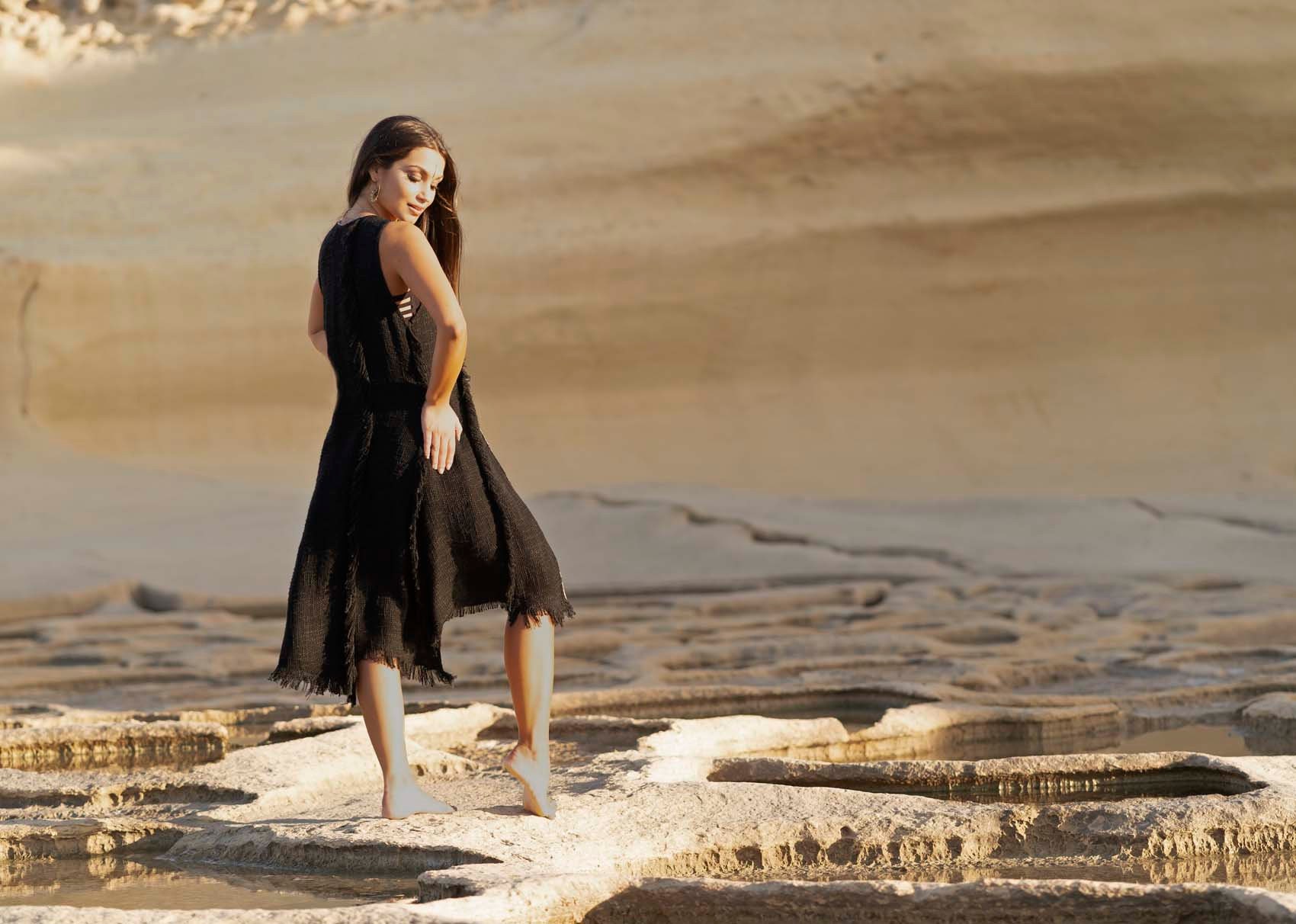 Image of Long Boho Vest, Sleeveless Long Vest, Cotton Fringed Black Duster Llagatha Ebony