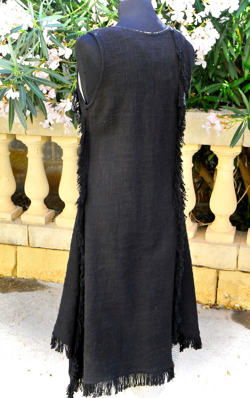 Long Boho Vest, Sleeveless long vest, Long linen vest, Long fringed Vest, Black Long duster vest, LLAGATHA EBONY image 9