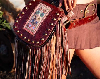 NEW!! Leather purse, Tribal leather hip bag, leather fanny pack, fringed leather bag, Ibiza bag, , Leather festival bag AMARA Karnataka