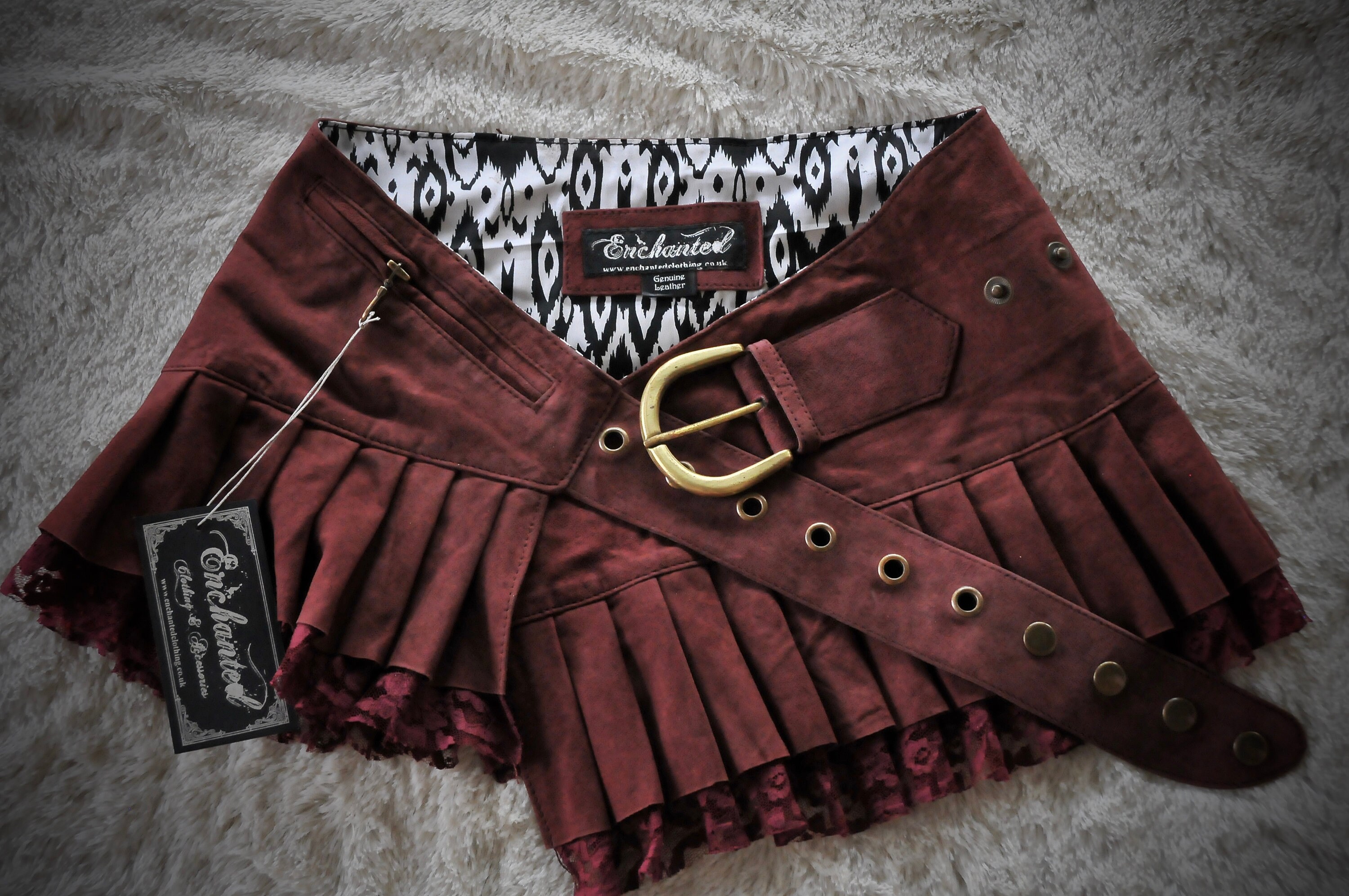 Image of Leather Mini Skirt, New Maroon Suede Steampunk Leather Skirt Wrap Around Ruffled With Lace Lilith