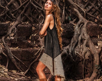 Boho dress, Slit dress, Jute fringed tunic dress, Ibiza style dress,  Summer dress, Goa style dress IDUNN jute screen print