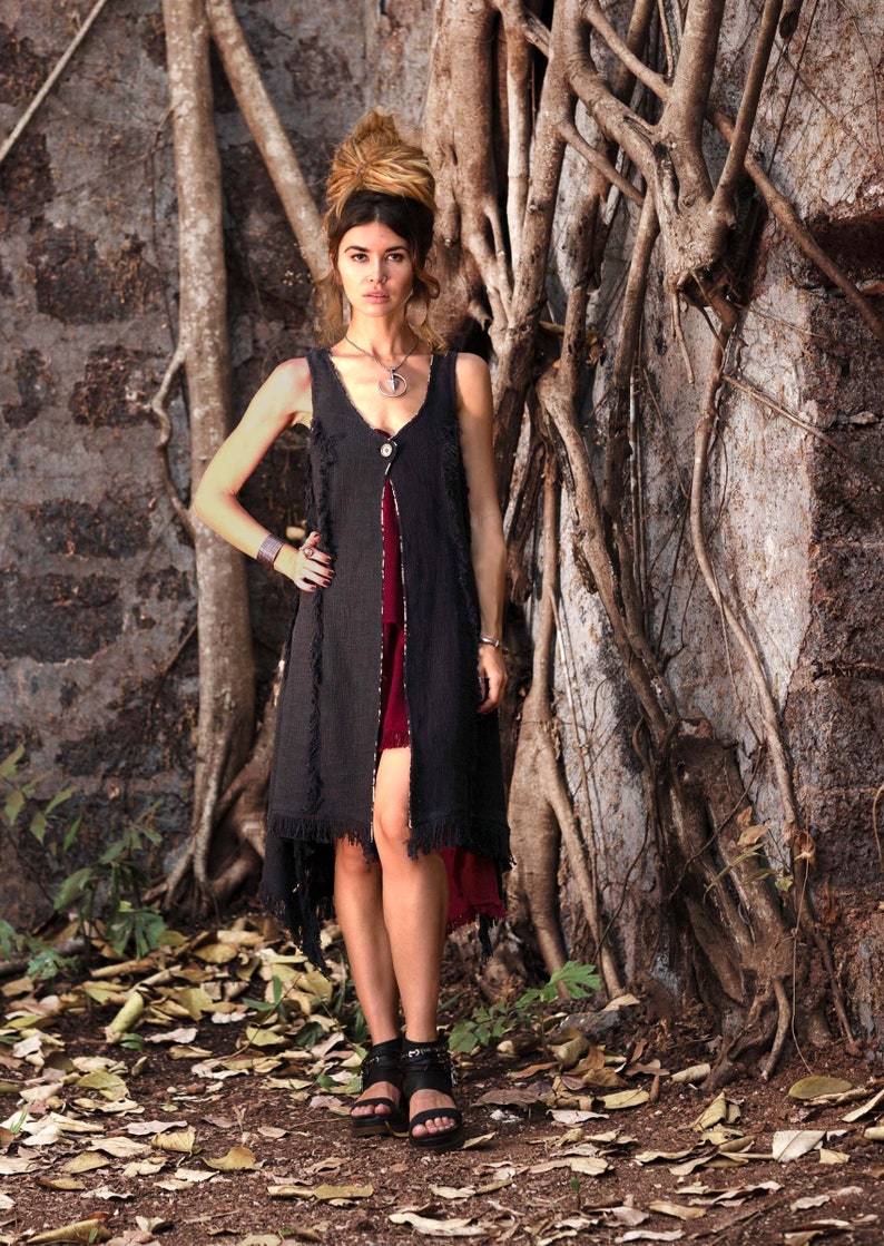 Long Boho Vest, Sleeveless long vest, Long linen vest, Long fringed Vest, Black Long duster vest, LLAGATHA EBONY image 6