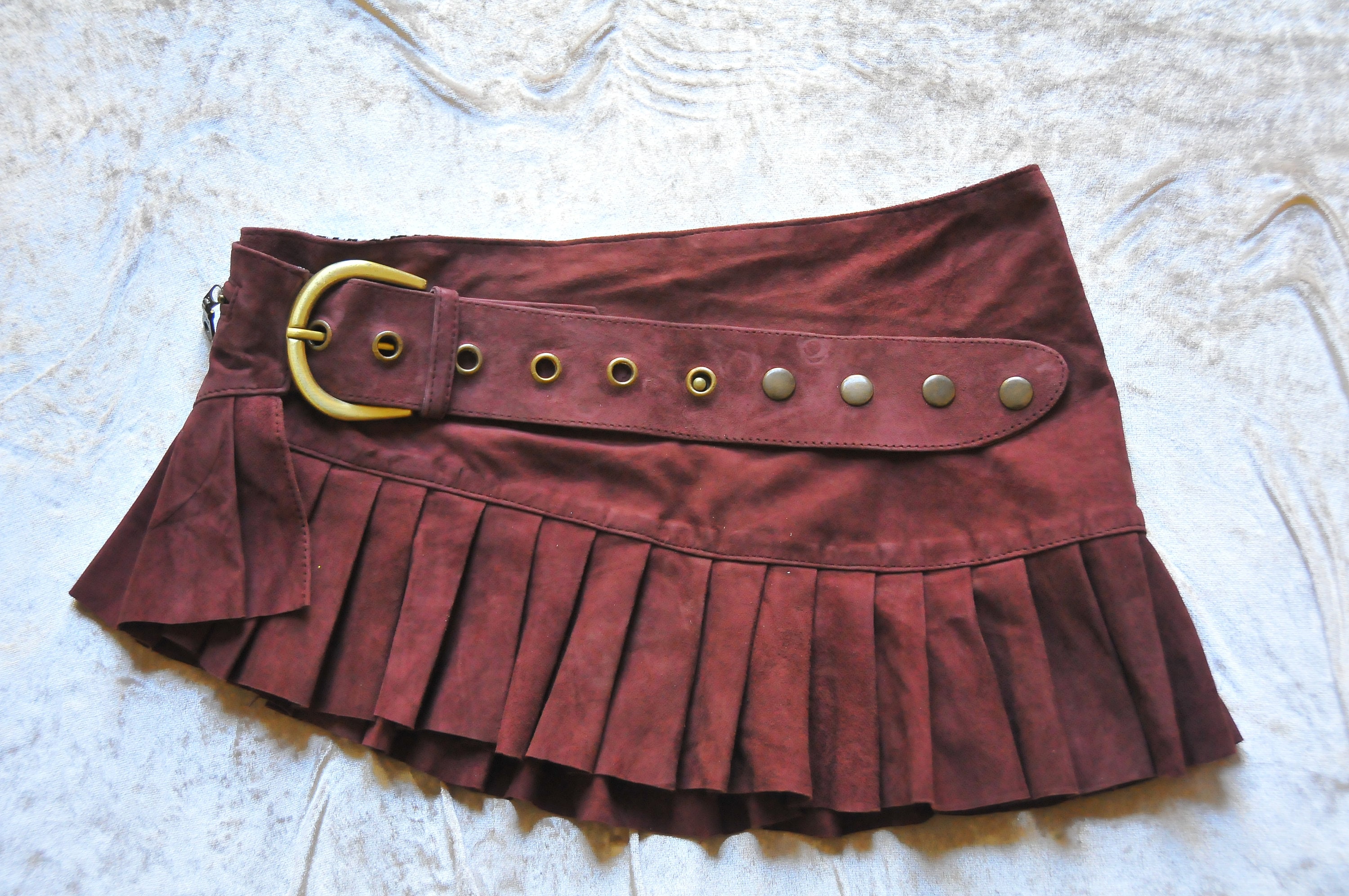 Image of Leather Mini Skirt, New Maroon Suede Steampunk Leather Skirt Wrap Around Ruffled Lilith