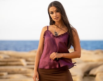 Fine Silk Top: Magenta Boho Summer Thin Strap Top