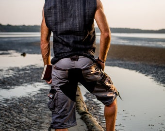 Mens Cargo pants, Biker cargo shorts, Burning man short pants, Tribal mens shorts, Mens pocket pants