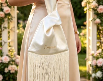 Personalized Satin Fringe Bridesmaid Clutch, Custom Name Wedding Handbag, FREE Personalized Thank You Tag Included, Bridesmaid Proposal Gift
