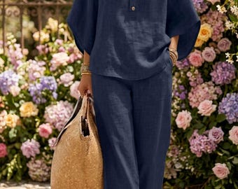 Conjunto de linho feminino de duas peças, conjunto folgado de verão combinando, calça pantalona para usar em casa.