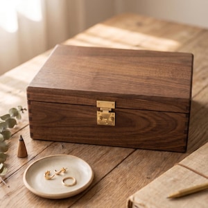 Solid Walnut Wood Keepsake Box, Handcrafted Memory Box, Jewelry Organizer Case • Modern Boho Home Decor, Special Anniversary Gift