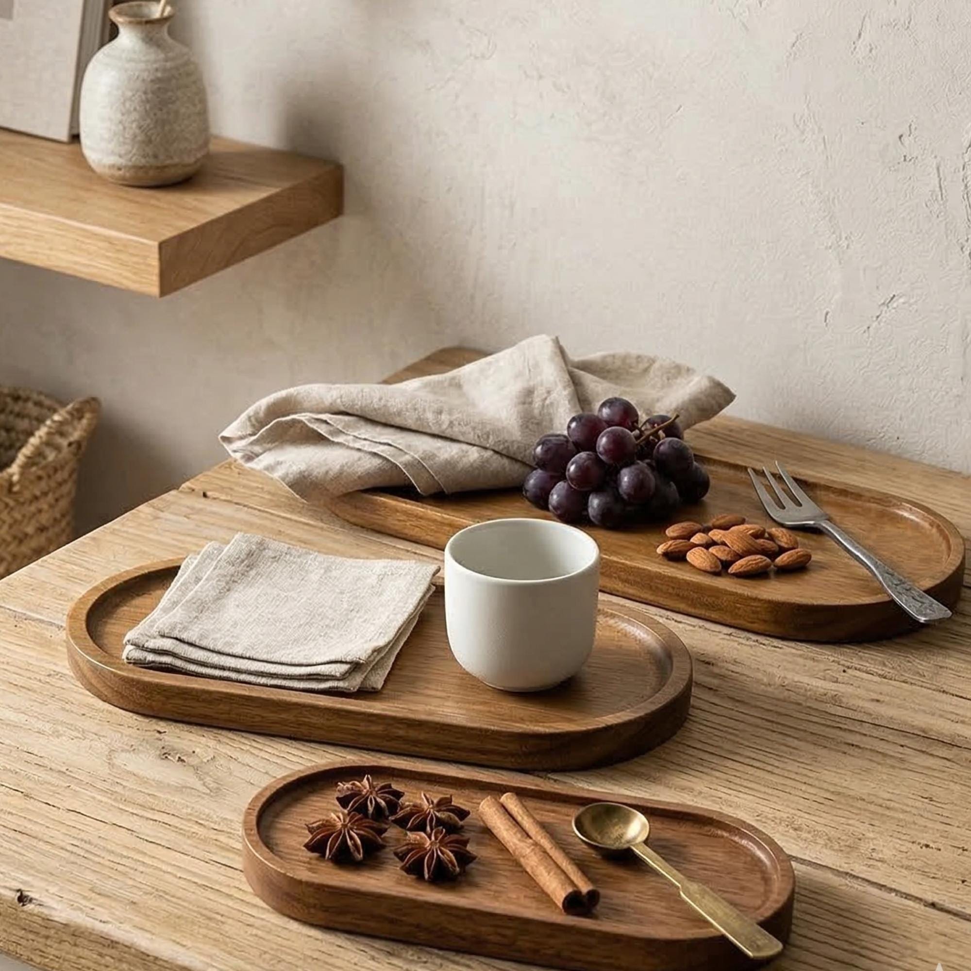 Japanese Style Acacia Wood Trays | Oval Serving Platters | Rustic
