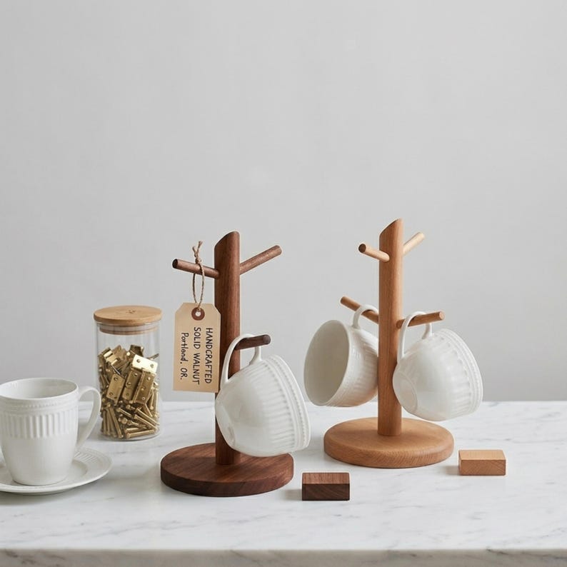 May include: Two wooden mug trees, one dark walnut and one light wood, each holding white ceramic mugs. A glass jar with a wooden lid and brass clips sits to the left. The tag on the dark walnut tree reads "Handcrafted Solid Walnut Portland, OR."