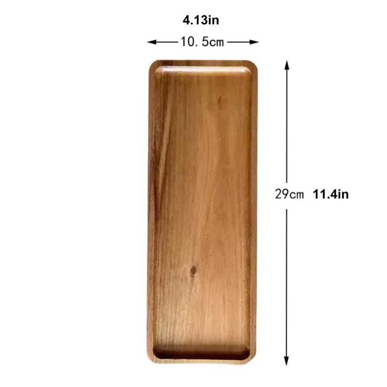 May include: A rectangular wooden tray, 11.4 inches long and 4.13 inches wide, with rounded corners. The tray is made of light brown wood and has a smooth surface. The dimensions are also provided in centimeters: 29 cm long and 10.5 cm wide.