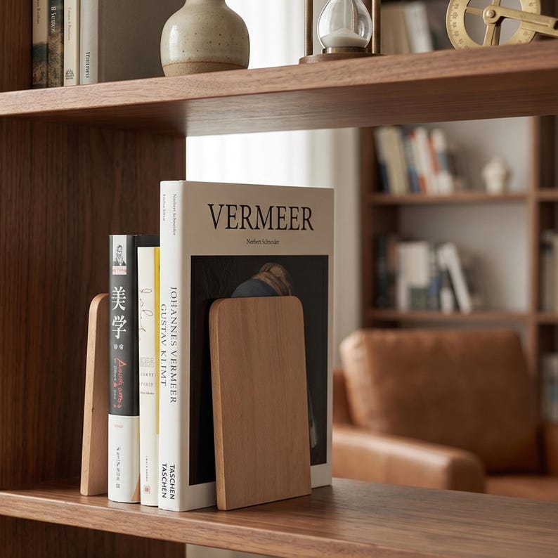 May include: Wooden bookshelf with books and bookends. The books include titles like "Vermeer" and "Johannes Vermeer". The bookends are rectangular and made of light-colored wood. The shelf is made of dark wood.