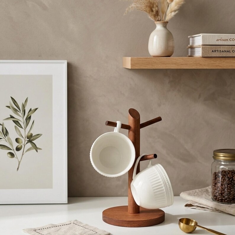May include: A wooden mug tree with two white ceramic mugs hanging from it. The mug tree is made of dark brown wood and has a round base. A framed botanical print and a jar of coffee beans are also visible.