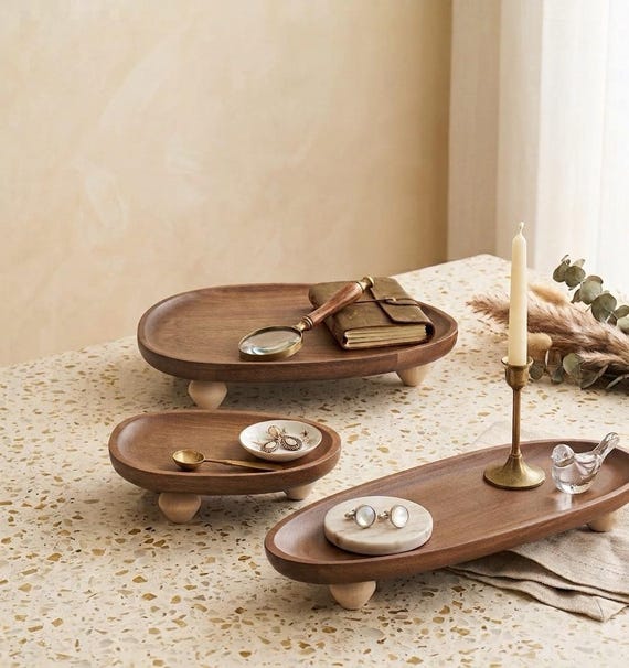 Acacia Wooden Riser Stand, Decorative Pedestal Dish for Countertop, Minimalist Jewelry & Candle Holder, Vanity Tray, , Housewarming Gift
