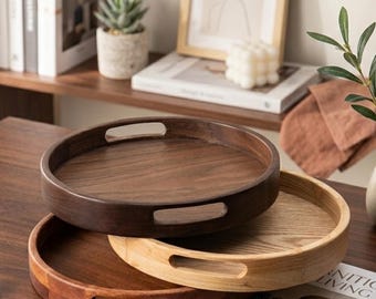 Großes rundes Holztablett mit Griffen, handgefertigte Servierplatte für Kaffeetisch, Ottomane & Küche, dekoratives Tablett für Eitelkeit