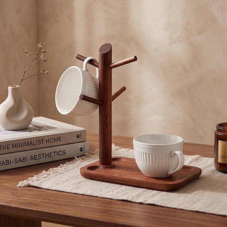 May include: A wooden mug tree with a white ceramic mug hanging from it. A second white mug sits on a wooden tray. The tree is on a wooden table with books and a small vase. A candle in a glass jar is also on the table.