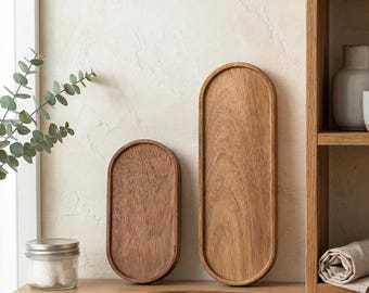 Japanese Style Acacia Wood Trays | Oval Serving Platters | Rustic Trinket Dishes for Entryway, Vanity or Coffee Table