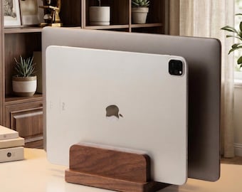 Walnut Wood Vertical Laptop Stand for Multiple Devices | Upright Dual Laptop Docking Station | Minimalist Desk Organizer & Tablet Holder