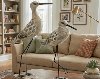 Juego de 2 aves zancudas talladas en madera, estatuas modernas de aves costeras, figuras rústicas de mesa para casa de playa, decoración para el hogar estilo cabaña costera