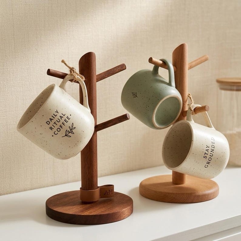 May include: Two wooden mug trees with mugs. One tree is dark brown with a leather strap, holding a speckled white mug with "DAILY RITUAL COFFEE" printed on it. The other tree is light brown, holding a green mug and a speckled white mug with "STAY GROUNDED" printed on it.