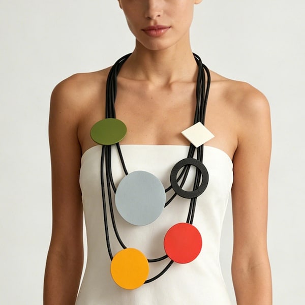 Quirky Funky Colorful Rubber Geometric Statement Necklace Boho Hippie Indie Gothic Steampunk Multi Strand Necklace Gift for Her