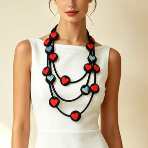 Colorful Heart Statement Necklace for Women–Multi Strand Necklace Geometric Layered Modern Handmade Jewelry
