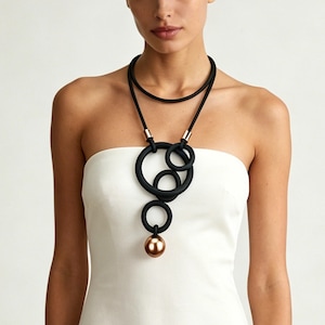 Black Geometric Statement Necklace For women, Modern Rubber Circle Pendant, Layered Necklace Lightweight Boho jewelry