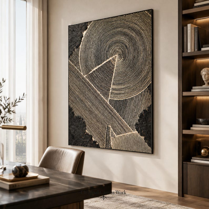 Dark 3D Textured Circle and Geometric Abstract Painting, Modern ...