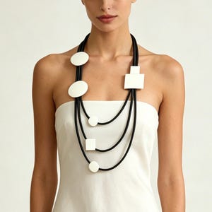 Geometric Black White Statement Necklace for Women Minimalist Multi-Layered Pendant Necklaces Lightweight Boho Jewelry Versatile Necklace