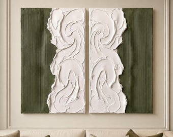 Groen-wit tweeluik, handgemaakt olieverfschilderij in wabi-sabi-stijl, dik aangebrachte textuurverf, wanddecoratie