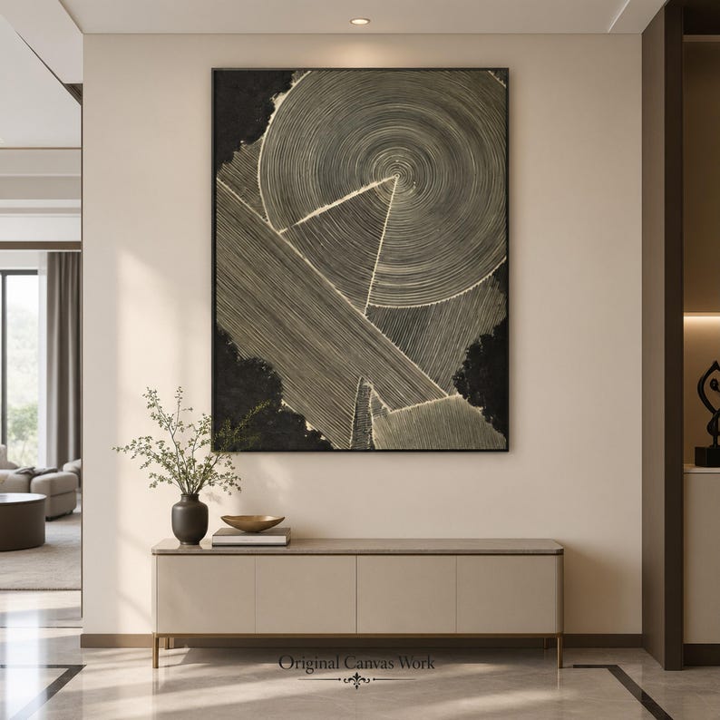 Dark 3D Textured Circle and Geometric Abstract Painting, Modern ...