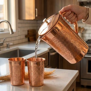 Pure Copper Jug with Glasses Hand-Engrave Copper Pitcher 1L and 2 Tumblers 250ml Each Ayurvedic Hydration Copper Gift Set for Drinking Water