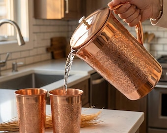 Pure Copper Jug with Glasses Hand-Engrave Copper Pitcher 1L and 2 Tumblers 250ml Each Ayurvedic Hydration Copper Gift Set for Drinking Water