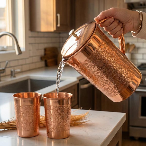Pure Copper Jug with Glasses Hand-Engrave Copper Pitcher 1L and 2 Tumblers 250ml Each Ayurvedic Hydration Copper Gift Set for Drinking Water