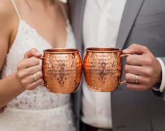 Juego de 2 tazas personalizadas de cobre martillado, tazas de cobre puro para Moscow Mule, regalo de boda
