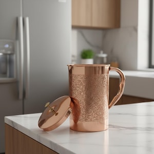 Ren kopparkanna med glas Handgraverad kopparkanna 1 l och 2 dricksglas 250 ml styck Ayurvedisk återfuktning Kopparpresentset för dricksvatten bild 11