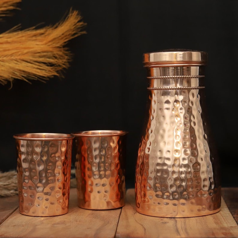 Hammered Copper Water Bottle Set with Tumblers – Ayurvedic Wellness Drinkware image 5
