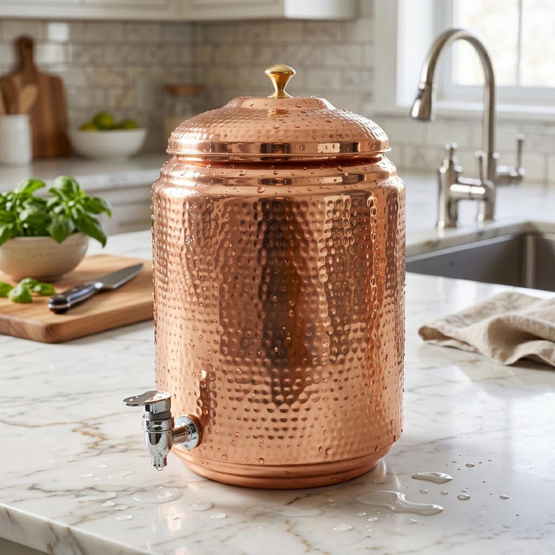 Puede incluir: Un dispensador de bebidas de cobre con textura martillada, tapa con pomo dorado y grifo plateado. El dispensador est&aacute; sobre una encimera blanca. El utensilio de cocina est&aacute; dise&ntilde;ado para servir bebidas fr&iacute;as.