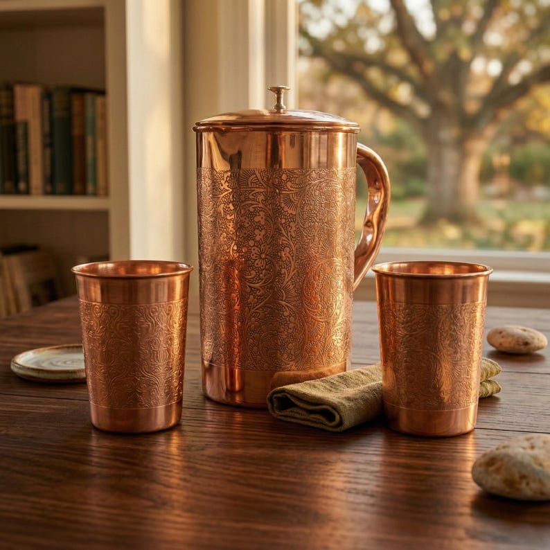 Ren kopparkanna med glas Handgraverad kopparkanna 1 l och 2 dricksglas 250 ml styck Ayurvedisk återfuktning Kopparpresentset för dricksvatten bild 7