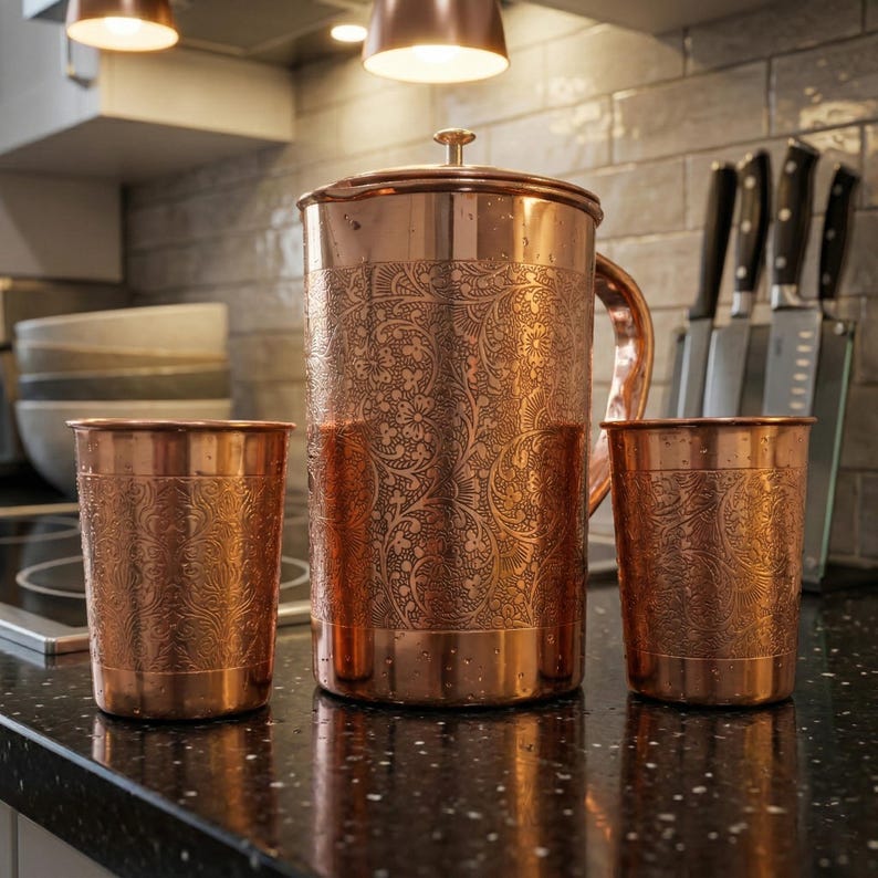 Ren kopparkanna med glas Handgraverad kopparkanna 1 l och 2 dricksglas 250 ml styck Ayurvedisk återfuktning Kopparpresentset för dricksvatten bild 17