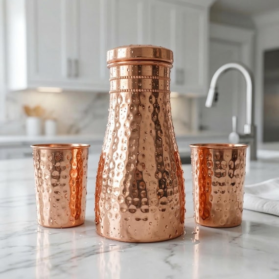 Ayurveda 100% Pure Hammered Copper Bottle 1 ltr Copper Bottle With Handmade Texture-  Set of 2 Tumblers Wellness Gift Bedroom Bottle & Glass