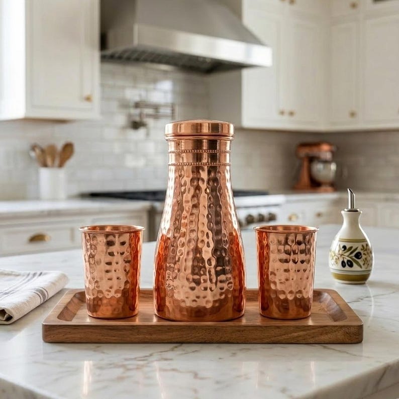Hammered Copper Water Bottle Set with Tumblers – Ayurvedic Wellness Drinkware image 11